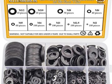 sutemribor black zinc plated alloy steel flat washers set 580 pieces 9 sizes m2 m2 5 m3 m4 m5 m6 m8 m10 m12