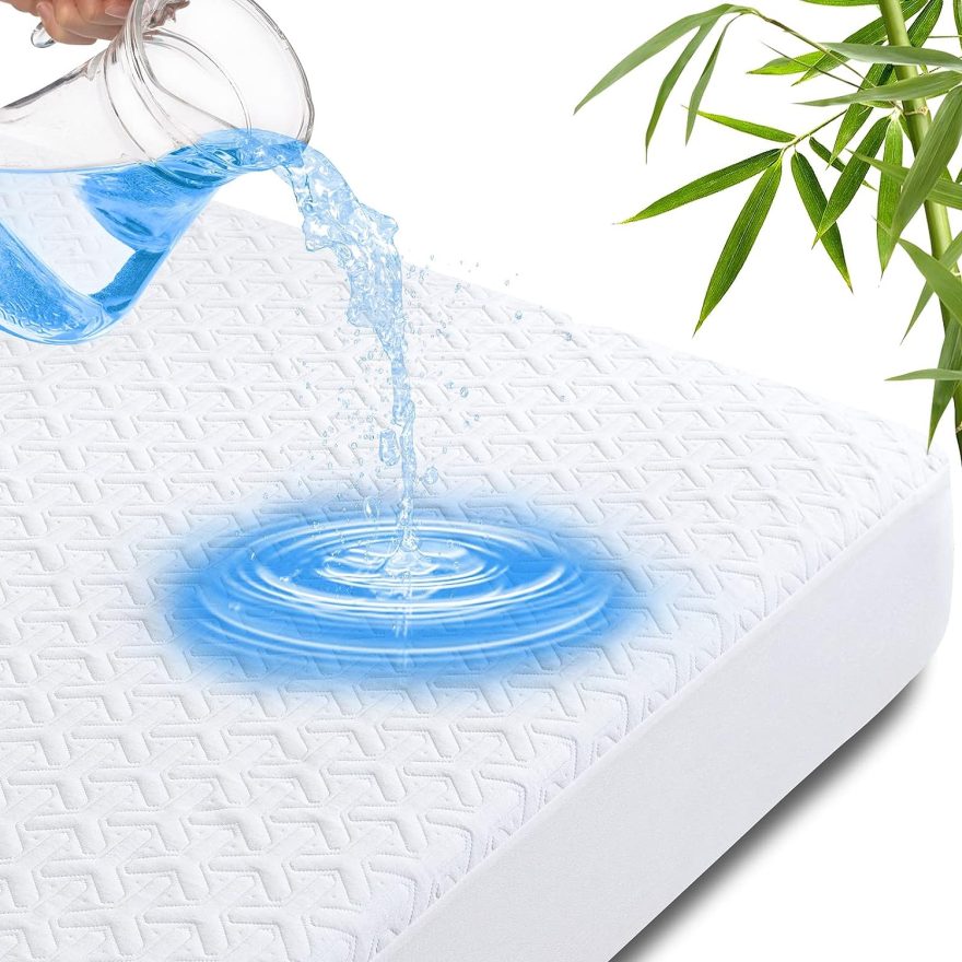 100% Waterproof Mattress Protector Queen Size, Bamboo Mattress Pad Cover Breathable Noiseless, Fitted Style with Deep Pockets (8-21"), Machine Washable (White, 60x80”)