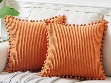 fancy homi pack of 2 corduroy fall decorative throw pillow covers with pom poms solid square cushion case pillow cases set for couch sofa bedroom car living room 18x18 inch 45x45 cm orange